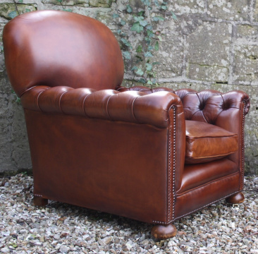 Buttoned Arm Antique Leather Club Chair Pair